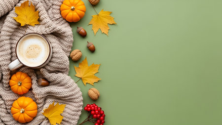 A comforting autumn flat lay featuring a white mug of frothy coffee nestled within a textured beige...