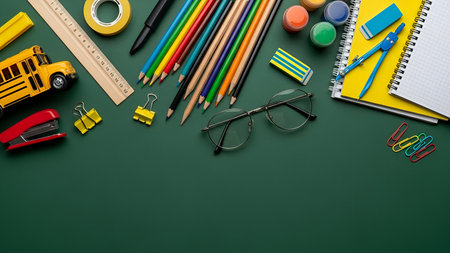 A collection of colorful school supplies is neatly arranged on a dark green chalkboard surface....