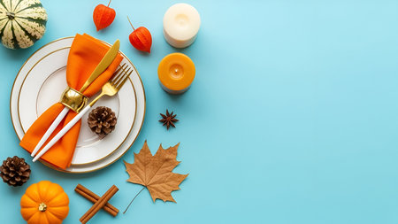 A festive Thanksgiving table setting is arranged on a vibrant blue background. A white plate with a gold rim is adorned with an orange napkin secured by a gold napkin ring. A gold fork and knife rest beside it. Decorative elements include a mini pumpkin, pine cone, cinnamon sticks, star anise, two candles, and a fallen autumn leaf.の写真素材