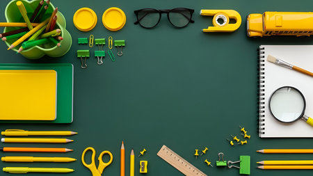An assortment of school and office supplies are laid out on a dark green chalkboard background....