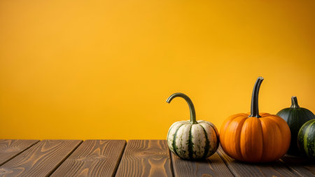 Several small pumpkins and gourds are arranged on a rustic wooden plank surface against a solid, bright yellow background. The pumpkins vary in color and pattern, including an orange one, a dark green one, and a striped variety with a distinctive curved stem. The composition is simple and focuses on the natural beauty of the autumn produce, with ample copy space for text.の写真素材