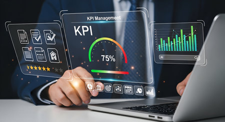 A businessman in a suit interacts with a digital dashboard displaying KPI (Key Performance Indicator) management. A gauge shows 75% completion, alongside star ratings and various charts. This image represents business performance monitoring and goal achievement.の写真素材