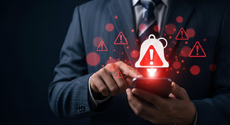 A man in a suit and tie is holding a smartphone, with his finger touching the screen. Red, glowing...