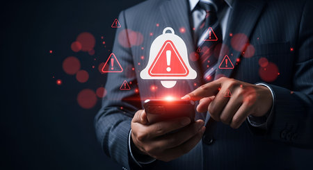A man in a suit holds a smartphone and touches the screen, with a large glowing bell icon and...