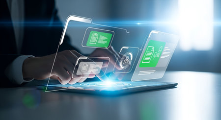 A close-up of a person's hands interacting with a tablet device that projects a glowing holographic...