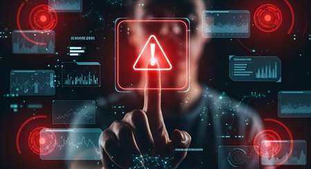 A person's finger is touching a glowing red square containing a white exclamation mark, a digital...
