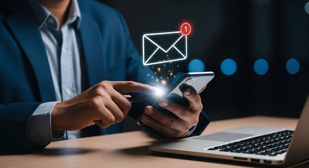 A close-up shot shows a businessman in a blue suit jacket using a smartphone. A glowing envelope...