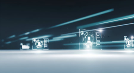 A futuristic abstract scene with glowing digital profile icons in motion blur. The icons, displaying simplified user avatars and data elements, are arranged in a receding perspective against a dark, streaked background, suggesting rapid data transfer or digital networking.の写真素材