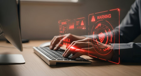 Close-up of hands typing on a computer keyboard, with a bright red holographic interface displaying warning symbols and text. The interface shows data visualizations and a prominent shield icon, conveying a sense of urgency and potential security threat or system alert.の写真素材