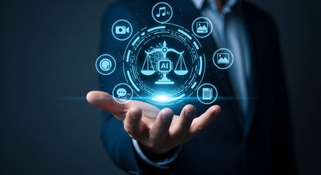 A person's open palm is holding a glowing holographic representation of scales of justice with an AI chip at its center. Surrounding the scales are various circular icons representing digital media, documents, and communication. The background is dark and blurred.の写真素材