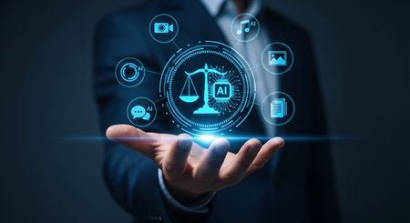 A person's open palm displays a glowing blue digital icon. The icon features scales of justice with an AI chip at its base, surrounded by smaller icons representing various digital elements like video, music, images, documents, and communication. The background is dark and blurred, highlighting the central illuminated symbol.の写真素材