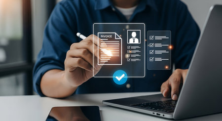 A person uses a stylus to interact with a digital interface displaying an invoice and a checklist. A profile icon and a blue checkmark indicate completion or approval. A laptop and smartphone are on the desk.の写真素材