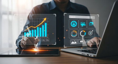 A person is using a stylus on a tablet to interact with a digital interface displaying a bar graph with an upward trending line. Adjacent to it, another holographic screen shows various application icons and a search bar. A laptop is also visible on the desk, suggesting a work or analysis environment.の写真素材