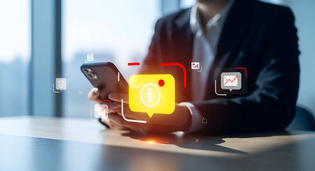 A person in a suit holds a smartphone, with holographic icons representing information, notifications, and data analytics floating around it. The icons include a speech bubble with an 'i', an envelope, a target, and bar charts, suggesting digital communication and business insights.の写真素材