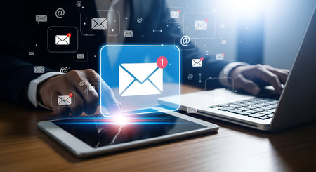 A person's hands are shown interacting with a tablet and a laptop. A glowing digital interface displays email icons with notification badges, an "@" symbol, and other communication-related graphics. The scene suggests digital communication and online messaging.の写真素材