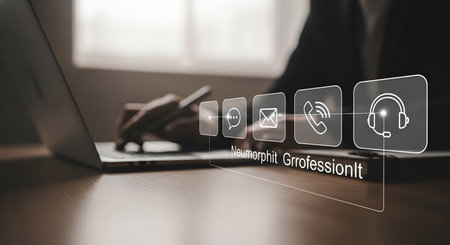 A person's hands are visible on a laptop keyboard, with a blurred background. A row of glowing neumorphic icons floats above the desk, representing chat, email, phone calls, and a headset. The icons are connected by lines, suggesting a digital communication flow.の写真素材