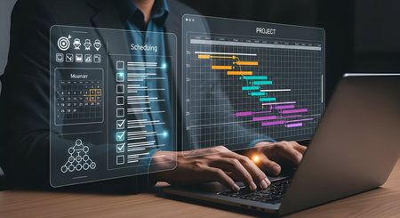 A person's hands are typing on a laptop keyboard, interacting with a holographic interface. The interface shows a detailed project schedule with a Gantt chart, a calendar view, and a list of tasks with checkboxes. This visual represents modern project management and digital planning.の写真素材