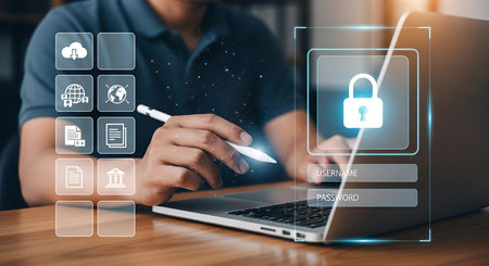 A person uses a laptop and stylus to interact with a digital interface for system login. The interface prominently displays a lock icon, fields for username and password, and various icons representing cloud storage, global access, documents, and banking. This signifies secure digital access and data protection.の写真素材