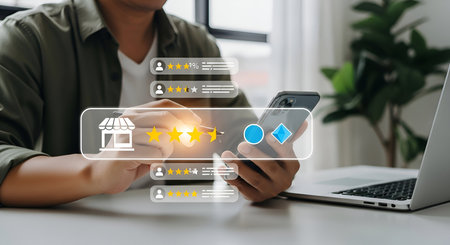 A close-up shot shows a person's hands holding a smartphone, with a digital interface displaying customer reviews. The interface includes a shop icon, five yellow stars indicating a high rating, and user comments. This image depicts the process of leaving online feedback and evaluating a business or service.の写真素材