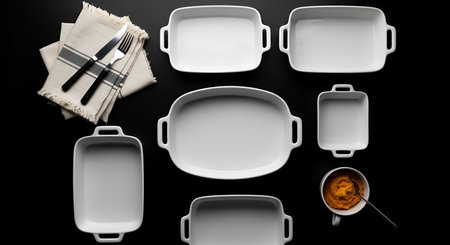 A collection of various white ceramic baking dishes, including rectangular, oval, and square shapes, are arranged on a stark black background. To the left, a neatly folded napkin holds a knife and fork. In the lower right corner, a white mug contains a vibrant orange puree, possibly mashed sweet potato, with a spoon resting inside.の写真素材