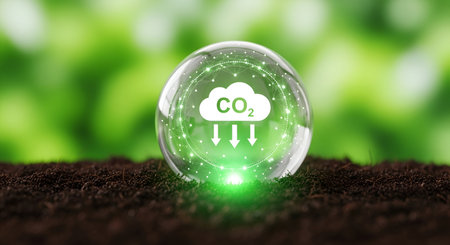 A transparent bubble containing a glowing green digital graphic of a cloud with CO2 and downward arrows sits on dark soil. The background is a soft-focus green blur, suggesting a natural environment. The bubble is illuminated from below with a bright green light.の写真素材
