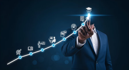 A person in a dark suit is pointing a finger at a glowing upward-trending line graph on a dark blue background. The graph is marked with blue circles and features icons representing educational milestones such as a target, books, a computer, a brain, and a graduation cap at the apex.の写真素材