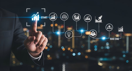 A close-up shot of a businessman in a suit touching a glowing digital interface displaying a series of icons representing business growth and development. The icons include a graph, AI, a lightbulb, a team, and a rocket, arranged in a flowchart against a blurred city skyline at night.の写真素材