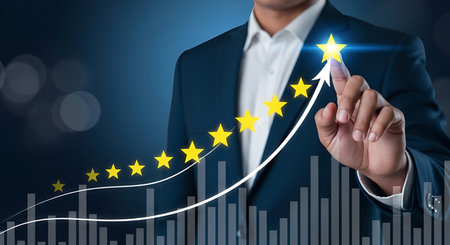 A businessman in a dark suit and white shirt is shown from the chest up, reaching out to touch a glowing yellow star at the peak of an upward-trending arrow. The arrow is superimposed over a bar graph representing financial data or growth statistics. The background is a dark blue with soft bokeh lights. This image symbolizes success, achievement, positive feedback, and business growth.の写真素材