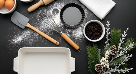 A flat lay composition of ingredients and tools for Christmas baking on a dark surface. Visible are flour dusted across the surface, eggs in a white bowl, a wooden rolling pin, a metal whisk with a wooden handle, a grey spatula, a black tart pan, a bowl of raisins, and a white baking dish. Festive pine branches with pine cones and white berries add a holiday touch.の写真素材