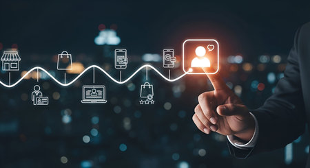 A businessman in a suit is shown from the chest down, his finger touching a glowing icon of a person with a heart on a digital interface. The interface displays a wavy line representing a customer journey, with icons for a store, shopping bags, a person, a laptop, a rating system, and a smartphone. The background is a blurred city skyline at night.の写真素材