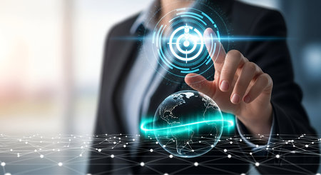 A businesswoman in a dark suit is touching a glowing blue target interface above a holographic...