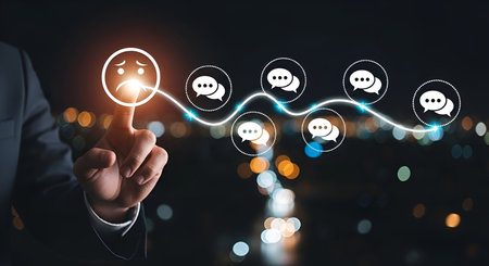 A man's hand is reaching out to touch a glowing icon of a sad face on a dark background. A wavy line connects this icon to several chat bubbles, illustrating a communication or feedback trend. Out-of-focus city lights create a bokeh effect in the background.の写真素材