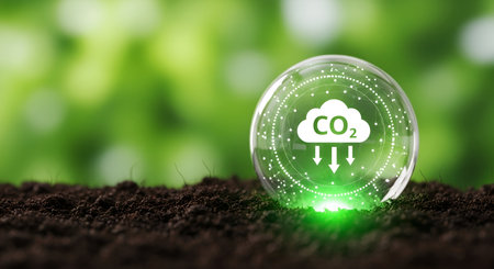 A transparent bubble containing a glowing green digital graphic of a cloud with CO2 and downward arrows sits on dark soil. The background is a soft-focus green blur, suggesting a natural environment. The bubble is illuminated from below with a bright green light.の写真素材