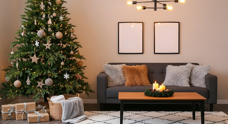 A cozy living room is decorated for Christmas. A large, lit Christmas tree stands on the left, adorned with ornaments and lights. Wrapped gifts and a basket are placed at its base. A dark gray sofa with fluffy pillows sits opposite a wooden coffee table with a candle wreath. Two framed pictures hang on the wall above the sofa.の写真素材