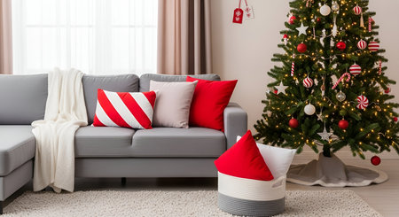 A cozy living room decorated for Christmas. A grey sectional sofa is adorned with red and white...