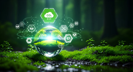 A glowing digital globe, reflecting a lush green landscape, sits on mossy ground in a forest. Around the globe, interconnected hexagonal icons represent environmental concepts like CO2 reduction, renewable energy, and conservation. The scene blends nature with technological visualization of ecological themes.の写真素材