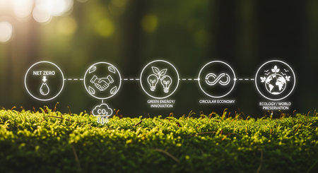A conceptual image illustrating environmental sustainability concepts. Five white circular icons...
