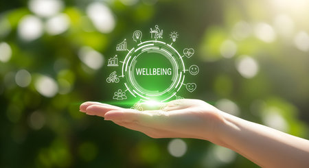A person's open palm is holding a bright green, glowing circular interface filled with various icons representing different aspects of wellbeing, including fitness, mental health, and happiness. The background is a soft-focus natural scene with green foliage and sunlight.の写真素材