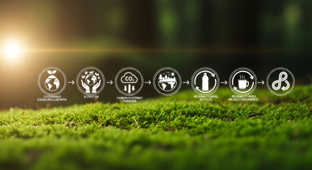 A series of white icons illustrating environmental sustainability concepts are displayed against a...