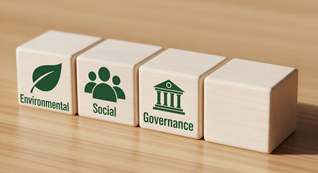 Four wooden blocks are arranged in a row on a wooden surface. The first block displays a green leaf icon and the word "Environmental". The second block shows a green icon of people and the word "Social". The third block features a green icon of a building and the word "Governance". The fourth block is blank.の写真素材