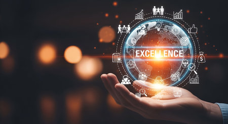 A hand is gently holding a glowing digital globe that displays the word "EXCELLENCE" prominently in the center. The globe is surrounded by a network of interconnected icons representing various business and technology concepts, such as people, charts, lightbulbs, and financial symbols. The background is dark with soft, out-of-focus orange bokeh lights, creating a sense of depth and technological advancement.の写真素材