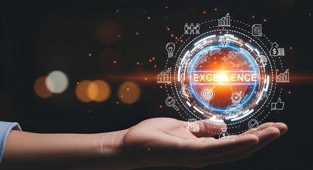An open hand supports a glowing holographic globe. The globe is surrounded by a circular interface displaying various icons related to business and data, such as charts, graphs, people, lightbulbs, and currency symbols. The word "EXCELLENCE" is prominently displayed in bright orange text on the globe. The background is dark with blurred bokeh lights.の写真素材