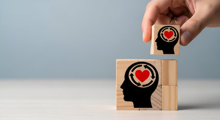 A hand is holding a wooden block with a black silhouette of a head containing a red heart and circular arrows. This block is about to be placed on another wooden block that has the same icon. The background is a light blue gradient.の写真素材