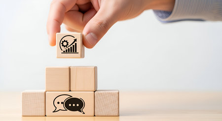 A hand is shown stacking wooden blocks, with one block featuring a chart and gear icon representing business growth and strategy, and another block displaying speech bubbles symbolizing communication. The blocks are arranged in a pyramid shape on a wooden surface against a light background.の写真素材