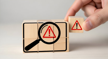 A hand is shown placing a small wooden block with a red triangle and exclamation mark symbol onto a...