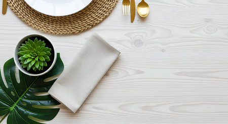 Setting showing table setting with succulent and tropical leaf. High resolution image suitable for commercial use. Clear details and vibrant colors enhance visual appeal.の写真素材