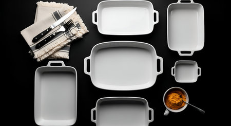 A collection of white ceramic baking dishes of various rectangular and square shapes are arranged on a black surface. A small white cup filled with vibrant orange pumpkin puree, with a spoon resting inside, is placed at the bottom right. A folded striped napkin with a knife and fork is positioned at the top left.の写真素材