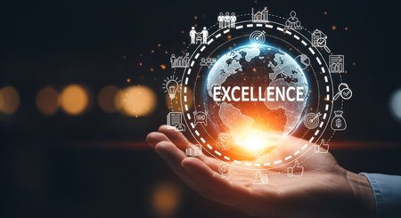 A person's open hand cradles a glowing digital globe with the word "EXCELLENCE" prominently displayed. A circular array of interconnected icons representing business concepts and achievements surrounds the globe, set against a dark, bokeh-lit background.の写真素材