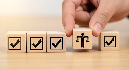 A hand is placing a wooden cube with a symbol of a person holding scales of justice onto a row of...