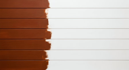 A close-up, top-down view of horizontal wooden planks. The left half of the image shows the planks covered in rich brown paint, with visible brush strokes indicating the application process. The right half of the planks remains white, creating a stark contrast and a visual representation of a surface being painted or transformed.の写真素材